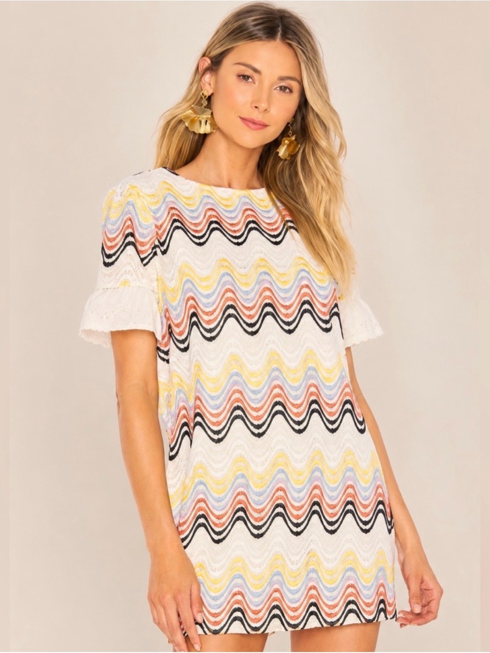 Tularosa XS White Multi Wave-Stripe Embroidered Rainbow Zigzag Mini Dress